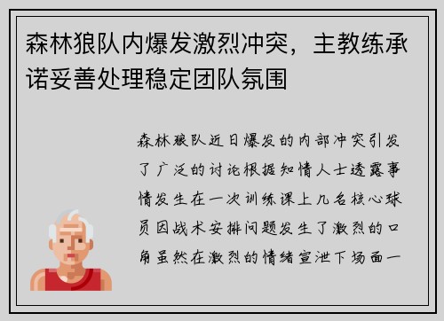 森林狼队内爆发激烈冲突，主教练承诺妥善处理稳定团队氛围