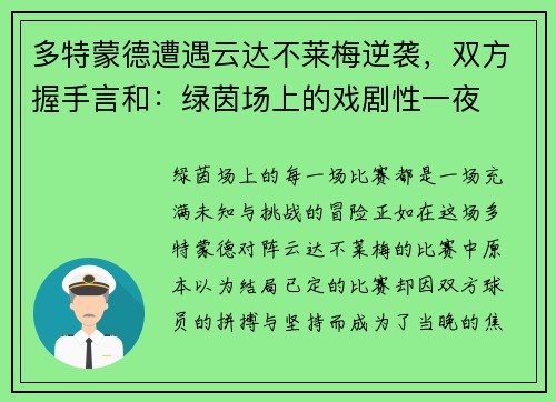 多特蒙德遭遇云达不莱梅逆袭，双方握手言和：绿茵场上的戏剧性一夜