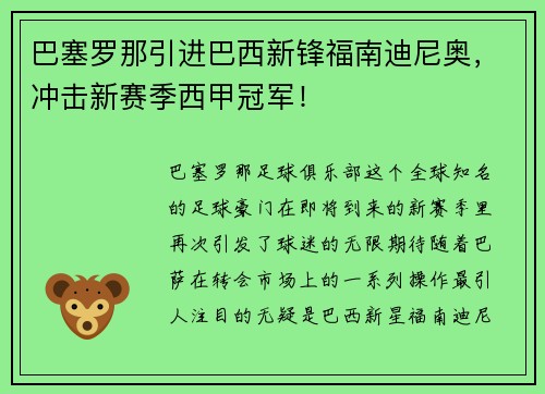 巴塞罗那引进巴西新锋福南迪尼奥，冲击新赛季西甲冠军！